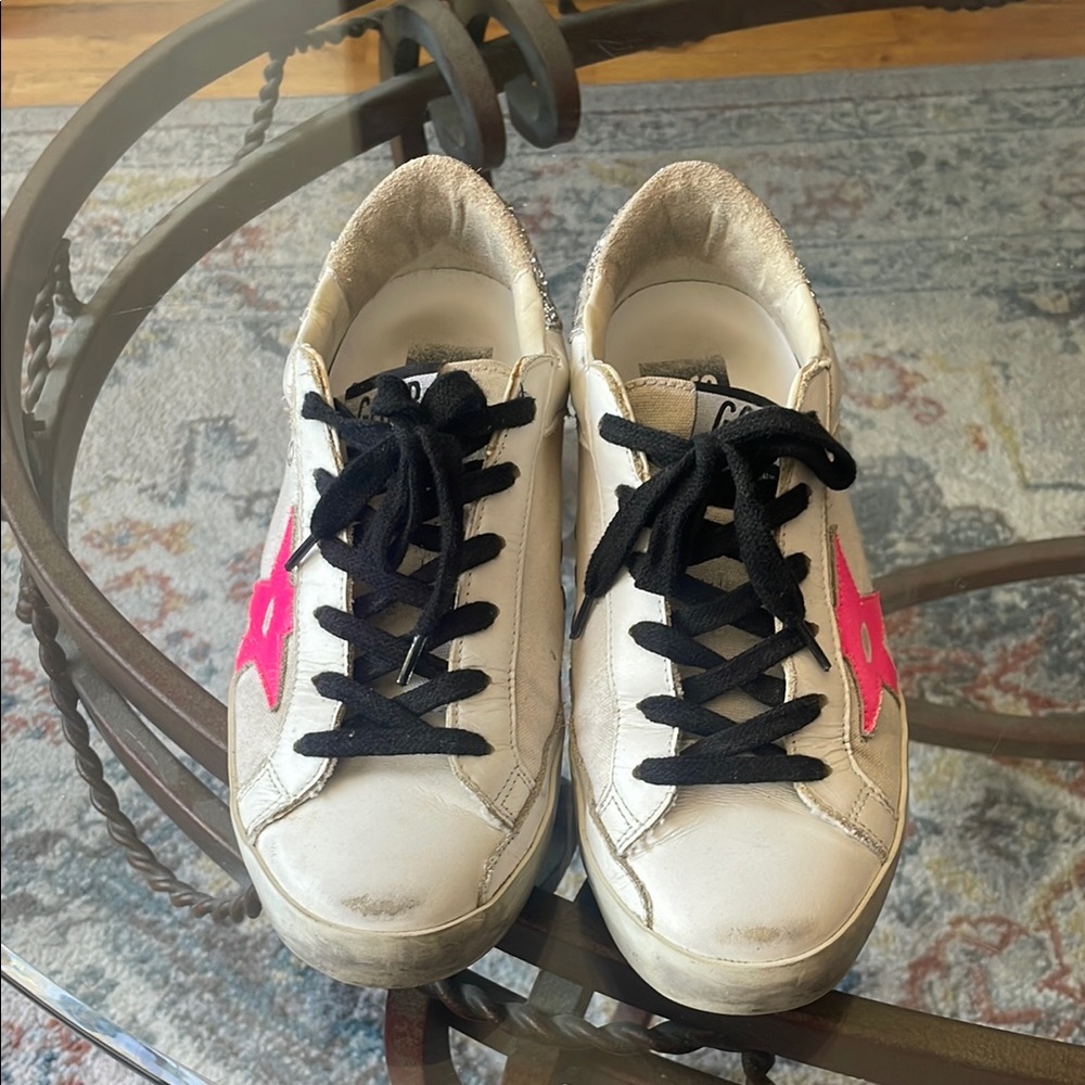 White Sneakers with Pink Star and Glitter Heel